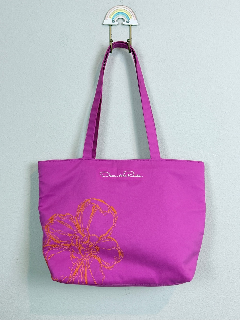 Oscar de la Renta Fuchsia Tote Bag with Orange Flower